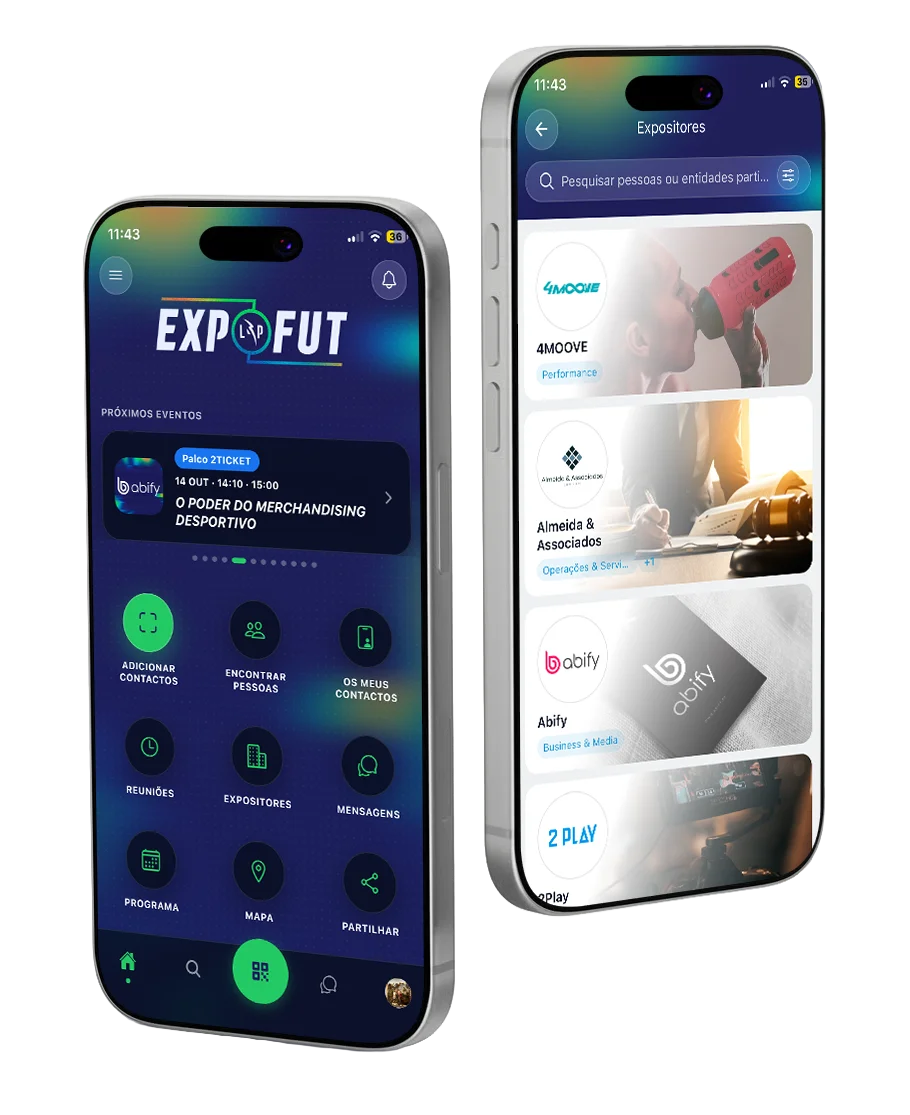 App EXPOFUT: ecrã inicial e lista de expositores